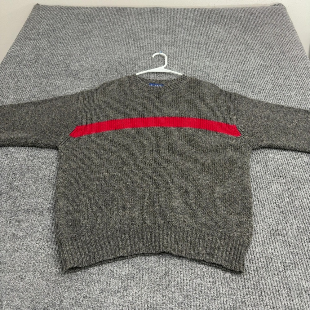 J Crew Sweater Mens L Grey Wool Red Stripe Crewneck Ribbed Classic Preppy